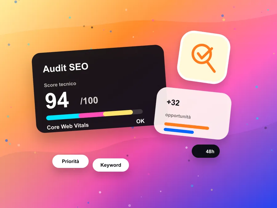 Illustrazione del primo step: audit SEO gratuito con analisi tecnica, gap competitor e stima opportunità keyword.