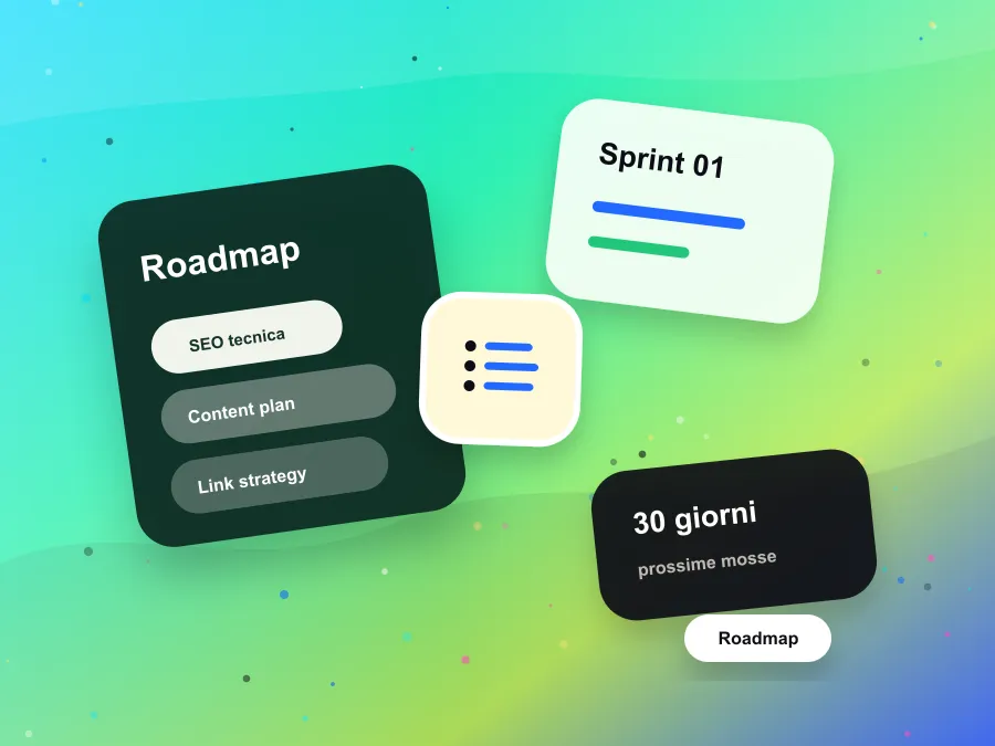 Illustrazione del secondo step: roadmap keyword, piano contenuti e strategia link building su misura.