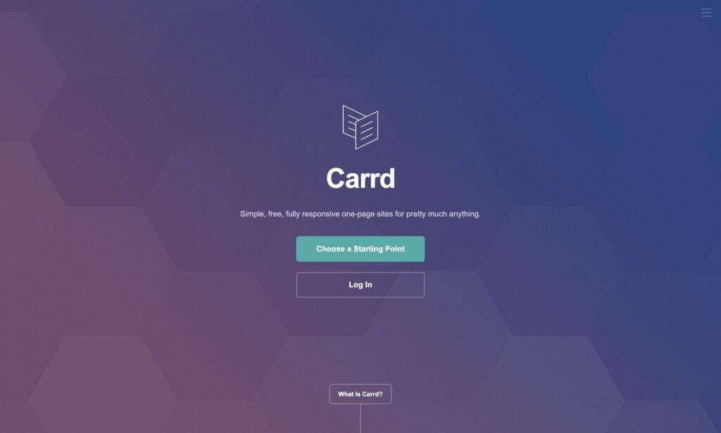 Lo screenshot della hero section di Carrd.