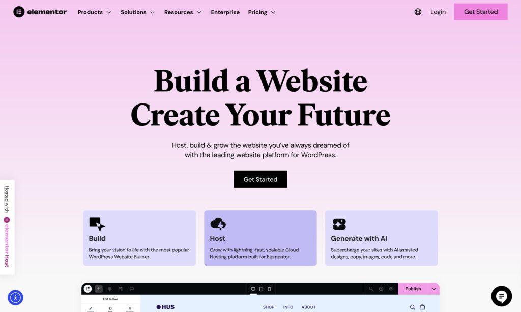 Lo screenshot della hero section di Elementor.
