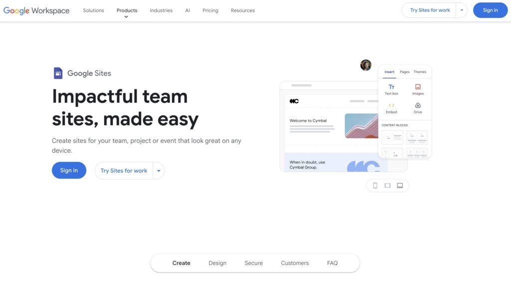 Lo screenshot della hero section di Google Sites.
