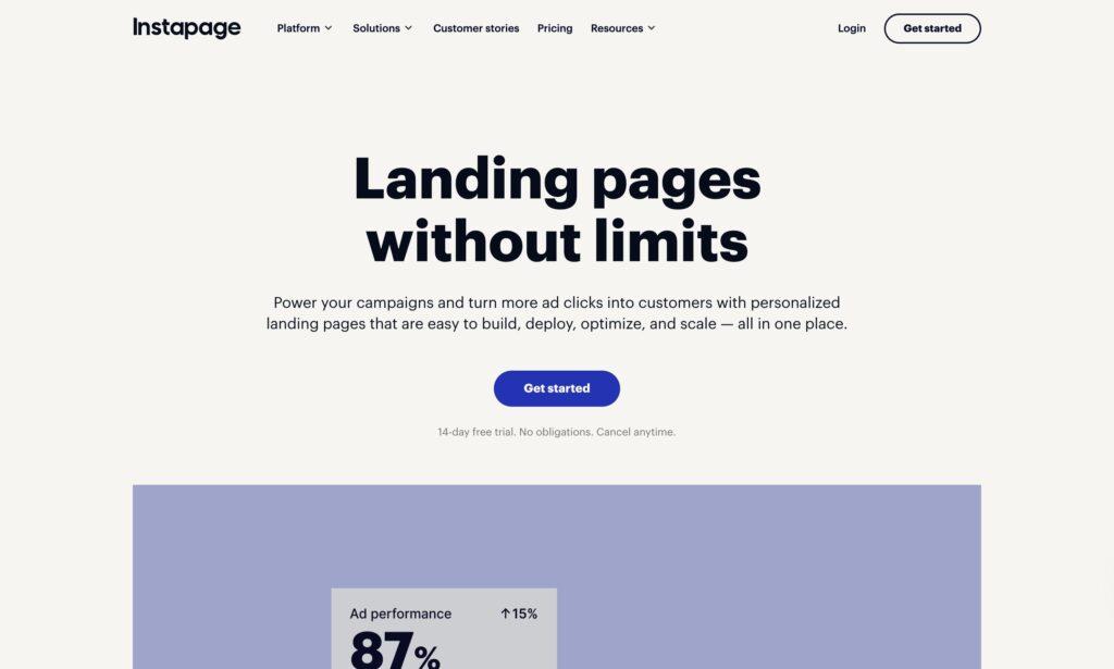 Lo screenshot della hero section di Instapage.