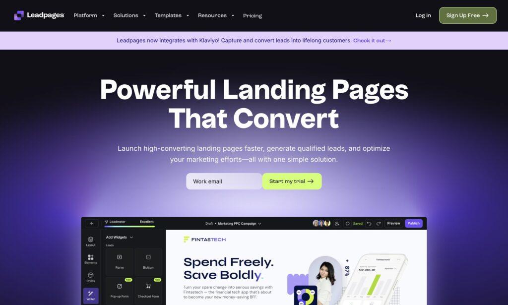 Lo screenshot della hero section di LeadPages.