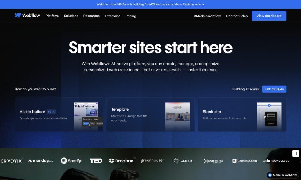 La landing page di Webflow.